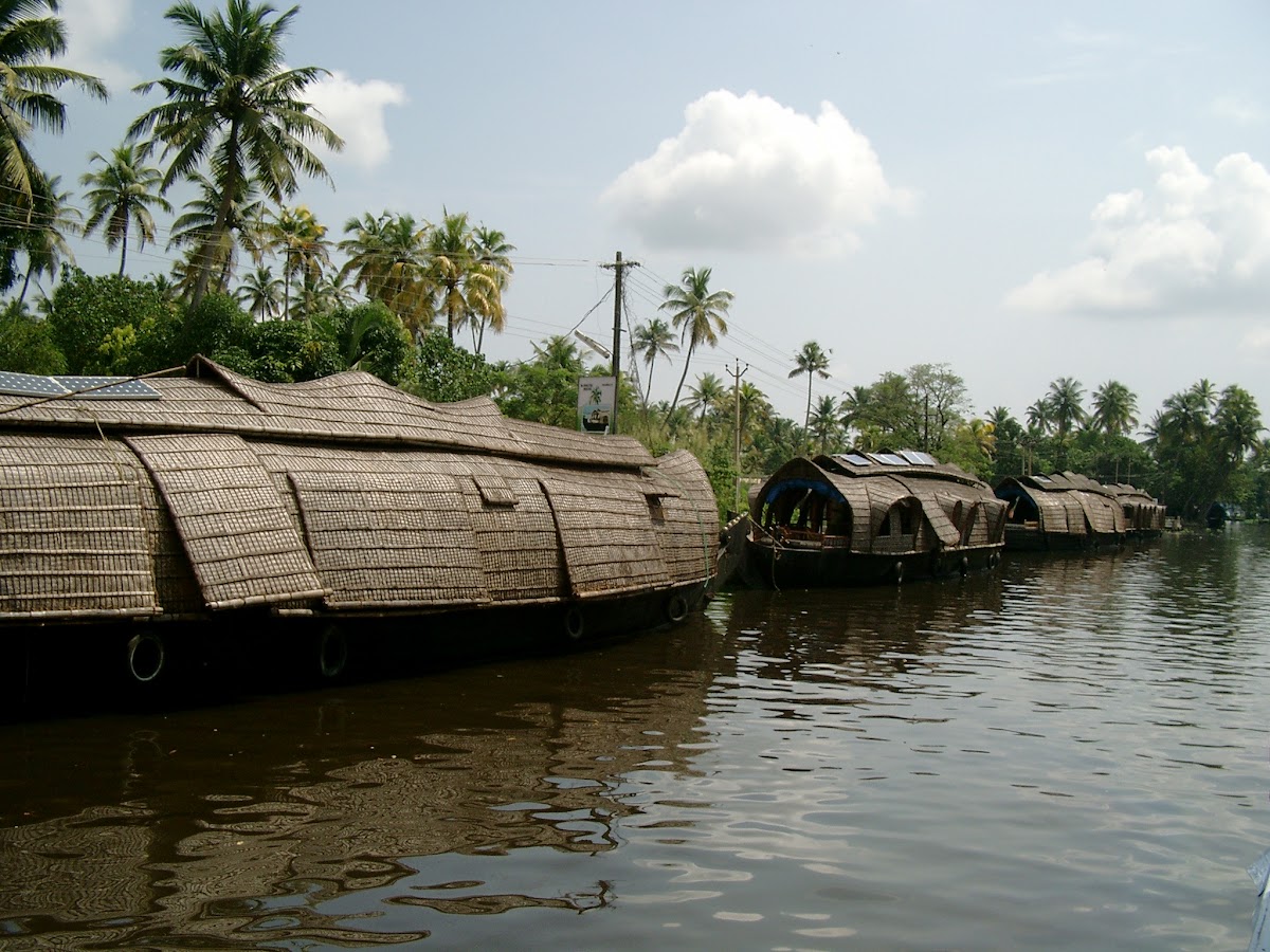 Woonboten van gevlochten riet op de backwaters van Kerala